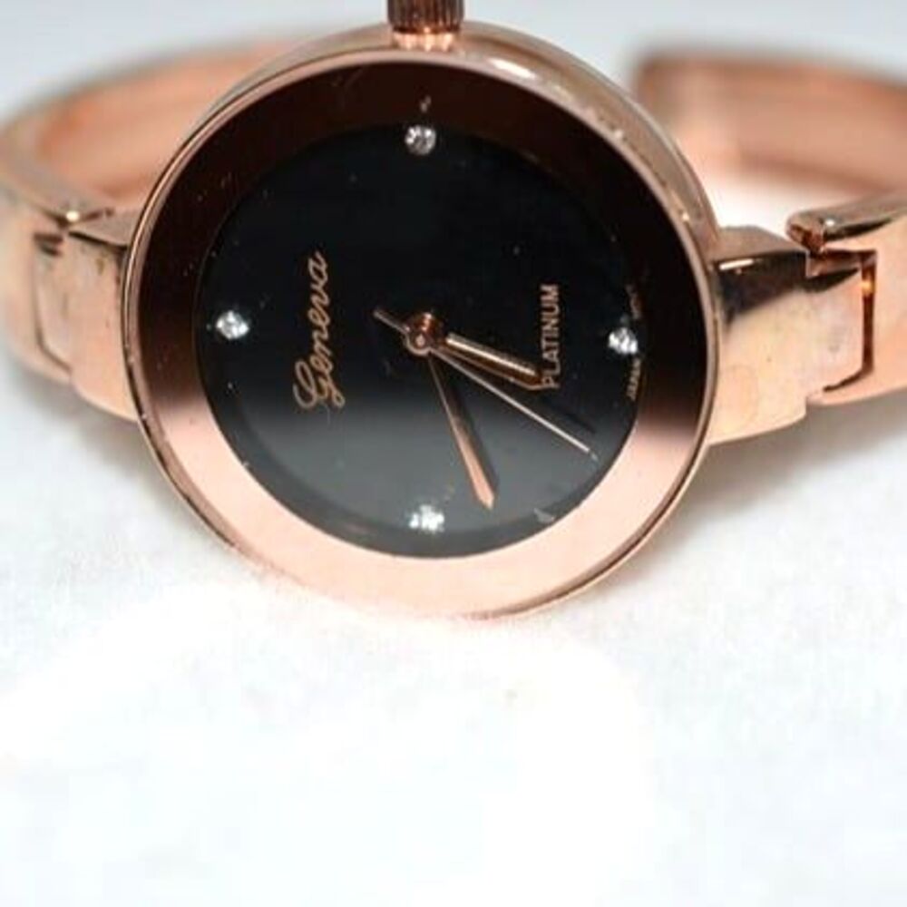 Geneva Platinum Rose Gold Analog Stainless Back No.1455 LC Hinged Cuff 6" Watch